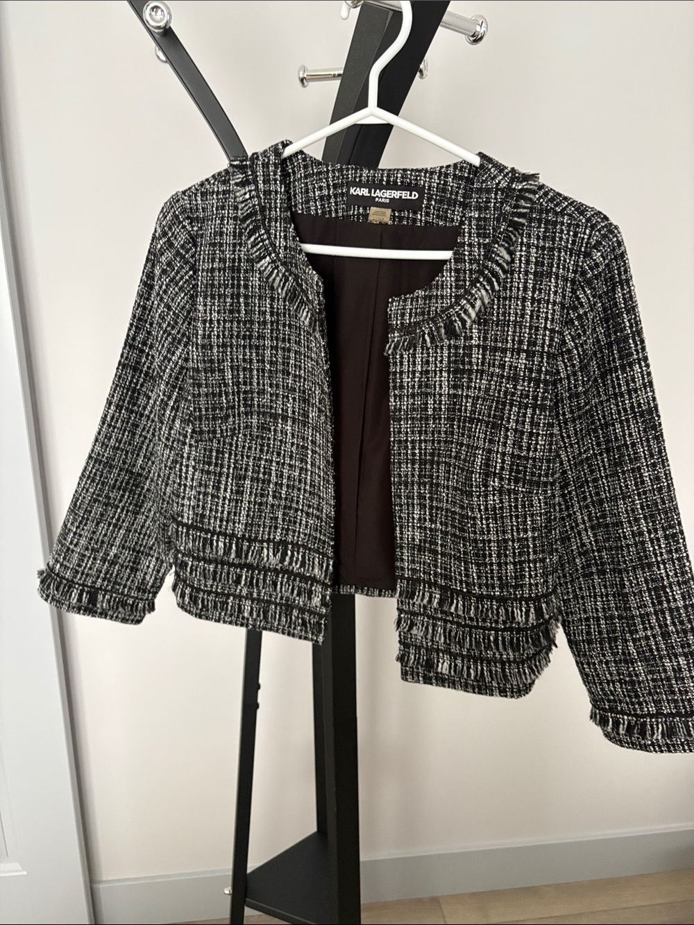 Karl Lagerfeld Black and White Tweed Fringe Crop Jacket